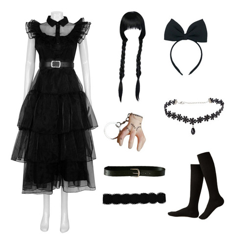 Vestido De Wednesday Addams Disfraz Negro Cosplay Baile Escolar Trajes Chicas Fiesta Halloween Navidad
