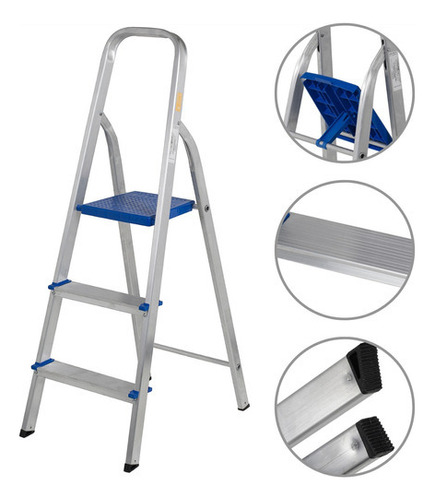 Escada Alumínio 3 Degraus Multifuncional Dobrável Reforçada Cor Cinza/azul