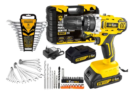 Furadeira Parafusadeira Impacto S/ Fio 21v + Kit 22 Peças Amarelo 127/220v