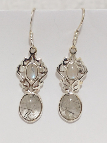 Aretes Plata Cuarzo Rutilado Turmalinado Y Piedra Luna 