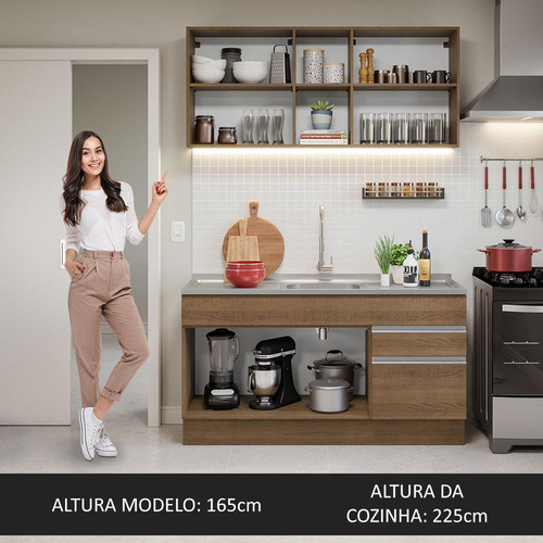 Armário De Cozinha Compacta Com Pia 150cm Glamy Madesa 03r Cor Rustic