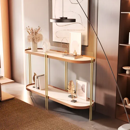 Buffet Aparador Moderno Oval Prateleiras Couro Pés Dourado