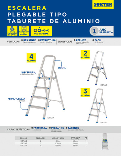 Escalera Plegable Tipo Taburete De Aluminio Surtek Etta3