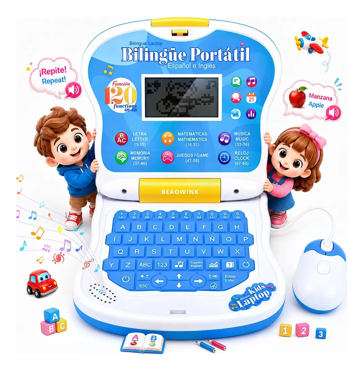 Laptop juguetes didacticos Bilingüe Inglés y Español 120 funciones, BEAOWINK computadora de juguete Educativos letras, Palabras, matemáticas, musical, Artes,Juego Multifuncional pa