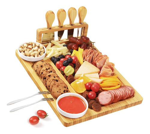 Tabla De Bamboo Para Quesos Y Carnes Frias Con Cuchillos 8pz Liso Bamboo