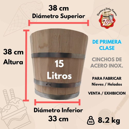 Kit Garrafa Madera Y Bote Nevero Acero P/ Hacer Nieve Helado Kit 15 Litros