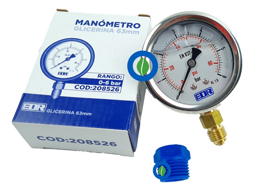 Manómetro Glicerina 0-6 Bar 63mm Mas Adaptador 1/4x1/2 