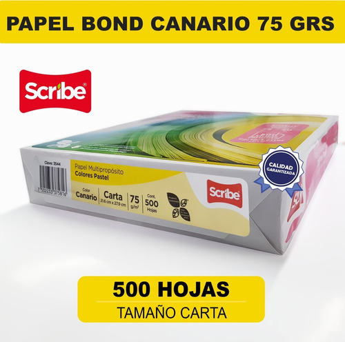 Paquete 500 Hojas Papel Bond Canario 75 Grs Tamaño Carta