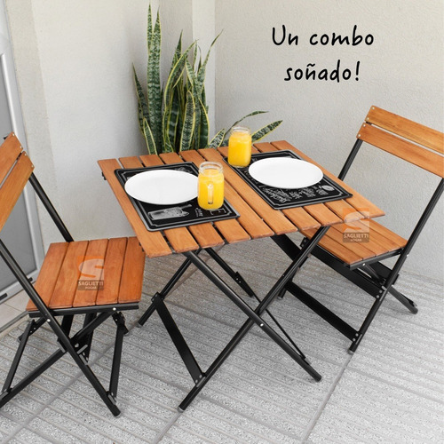 Imagen 5 de 10 de Mesa Plegable Aluminio Madera Negro 75x66 + 2 Sillas Premium