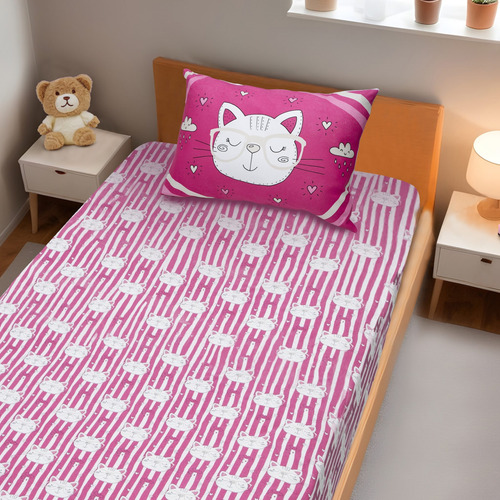 Jogo De Cama Solteiro Elástico Dinossauro Gatinho Pac-man
