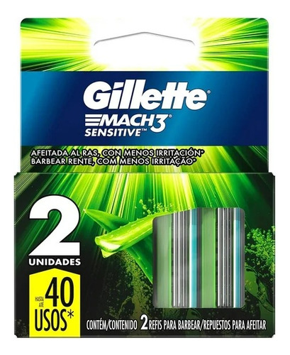 Refil Gillette Mach 3 Sensitive Aloe & Vitamina E 2 Piezas