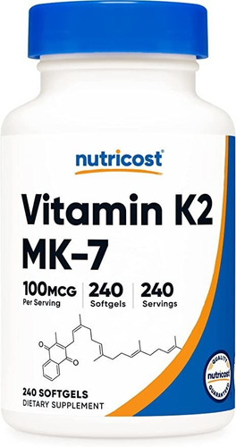 Nutricost Vitamina K2 Mk-7 100 Mcg, 240 Cápsulas Blandas, .