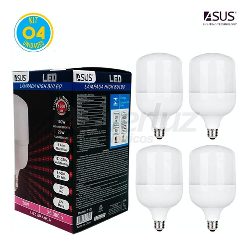 Kit 4 Lâmpadas Led 20w Alta Potência 1800lm E27 Avant