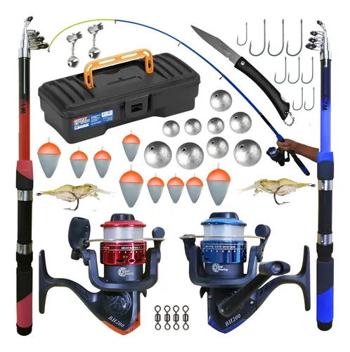 Kit Pesca Completo 2 Varas + 2 Molinetes E Acessórios Preto