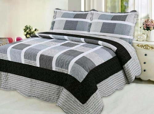 Cubrecama Quilt Estampado King Cuadros Gris Negros Tf