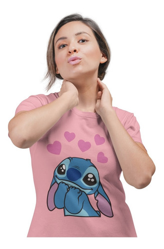 Polera Dama Stitch Amor Y Corazones De Algodón Estampada