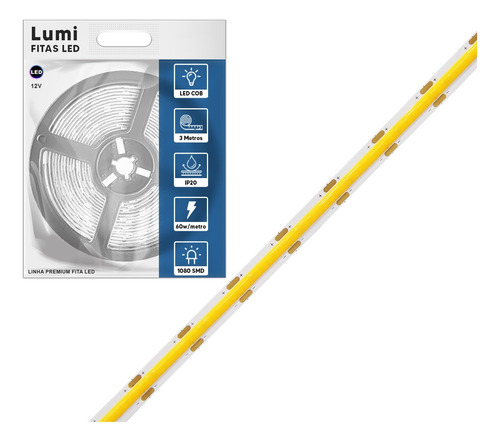 Luminario De Fita Super Micro Led Cob 3m 30w/m 12v Ip20 Alto De Brilho Quente Lumi 1ª Linha