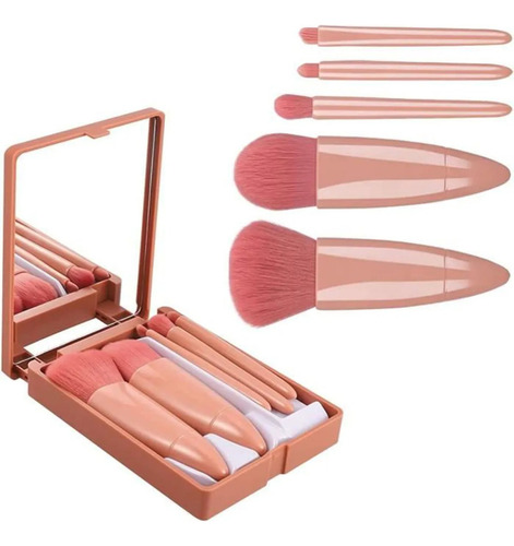 Kit De Pincéis De Maquiagem Rosa Pálido 5 Peças Com Espelho Rosa-pálido