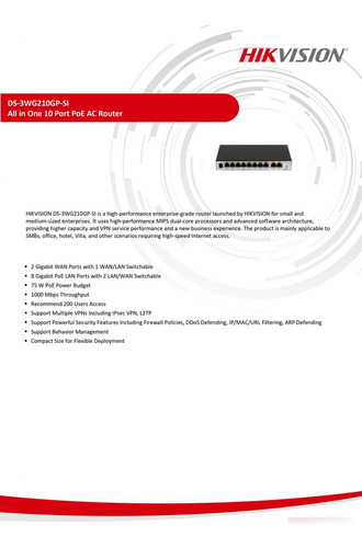 Ds-3wg210gp-si, Router Hikvision 8 Puertos Poe Y 2 Gigabit