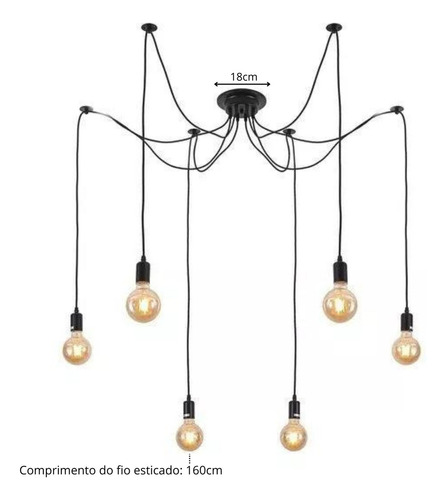 Lustre Pendente Retrô Aranha Preto 6 Lâmpada Inovartte Inl82 110V/220V