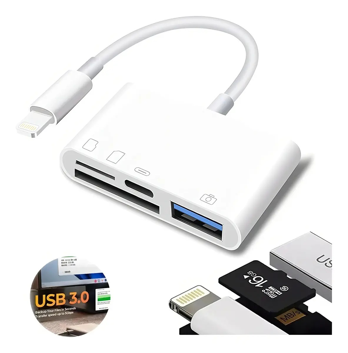Imagen de Adaptador 4 en 1 BAKEWAY Lector Tarjetas SD/microSD USB 3.0 para iPhone/iPad