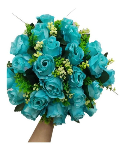 Buque De Rosas Artificial 24 Flores Toque Real Azul Tiffany