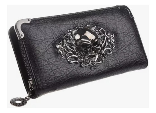 Cartera Larga Calavera Con Cremallera Estilo De Cuero