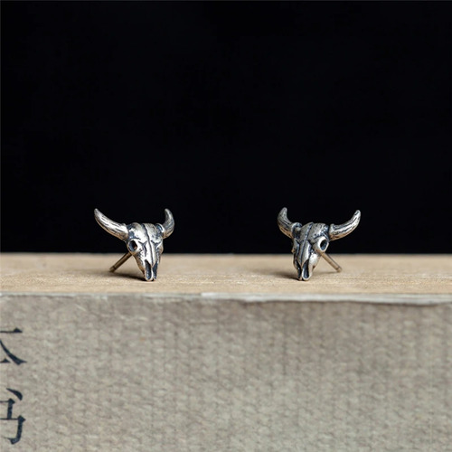 Aretes Calavera Craneo De Toro Bull Hombre Mujer Plata S925