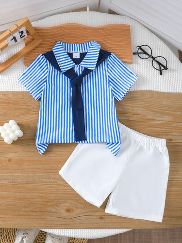 Conjunto De Camisa Y Pantalones Cortos Con Estampado De Raya