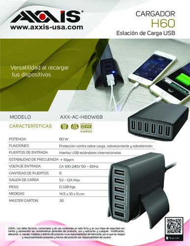 Imagen 2 de 7 de Estacion De Carga Usb 6 Puertos 60w 12a Axxis C/base Nuevo