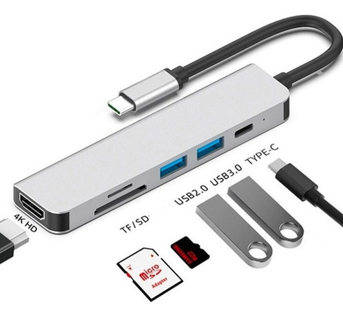 Adaptador Usb C + 2usb 3.0 +sd+tf + Hdmi 4k + Pd 6 em 1