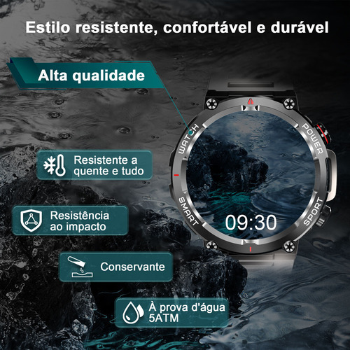 Masculino Smartwatch Relógio Inteligente Militar Smart Watch Caixa Preto Pulseira Preto Bisel Preto