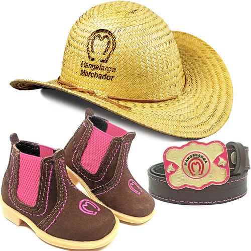 Bota Infantil Feminina + Cinto Couro Country + Chapéu Palha