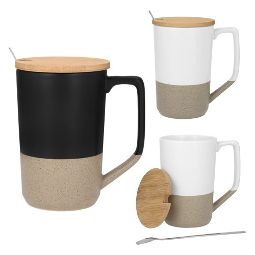 Taza De Cerámica Mate Tapa De Bambú Y Cuchara 485ml