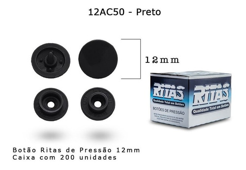 Botao De Pressão Plastico Ritas,com 200 Botões . Nº 12 Preto