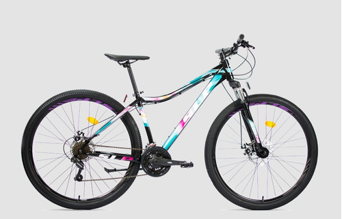 Mountain bike femenina SLP 5 Pro Lady R29 21v frenos de disco mecánico cambios SLP color negro/blanco/celeste con pie de apoyo  