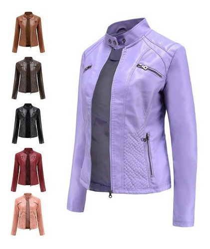 Chaqueta De Cuero Con Cuello Alto De Color Sólido For Mujer