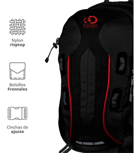 Mochila Mochilero Discovery 40 Litros Mujer Hombre Trekking Color Negro Con Rojo 21615