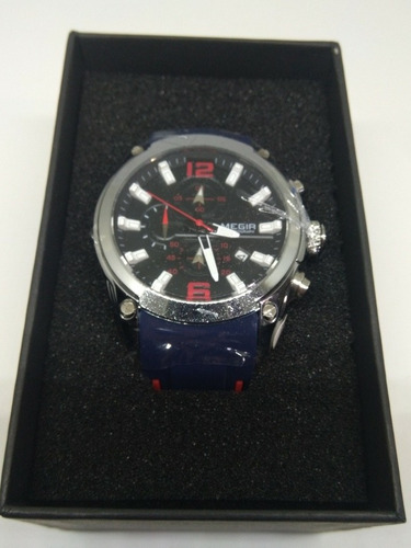 Reloj de pulsera deportivo casual M2063g-2 de Megir con cuerpo plateado, para hombre, fondo, ver imágenes, color azul, color del bisel, ver fotos