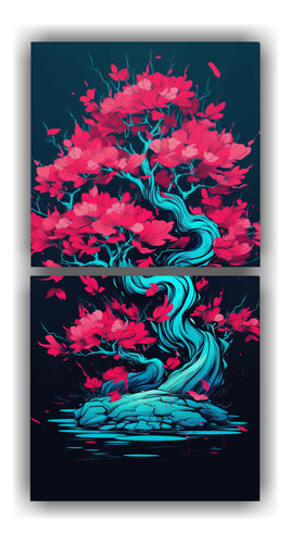 160x80cm Cuadro Árbol De Bonsái De Abeto En Colores Turque