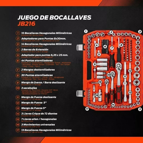 Imagen 3 de 6 de Set Juego Tubos Bocallave 216pz 1/2-1/4-3/8 Hamilton Jb216