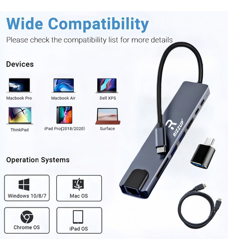 RIZZUP® Caviglte Tipo C Hub 8 En 1 Adaptador Usb C A Hdmi Con Ethernet