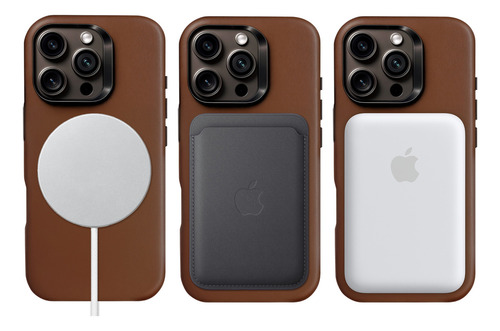 Capinha Capa Case Magbolt Defender Case Para iPhone 16 Pro Com Magsafe Em Couro Genuino E Espuma De Memória Espacial Anti-impacto - Marrom