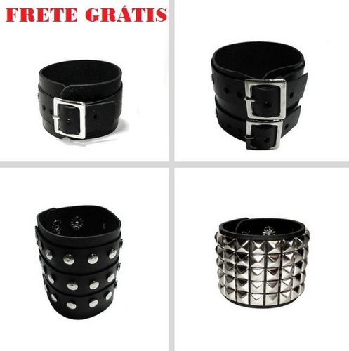 Kit 4 Braceletes Couro Fivela Metal Punk Rock Motoqueiro Emo