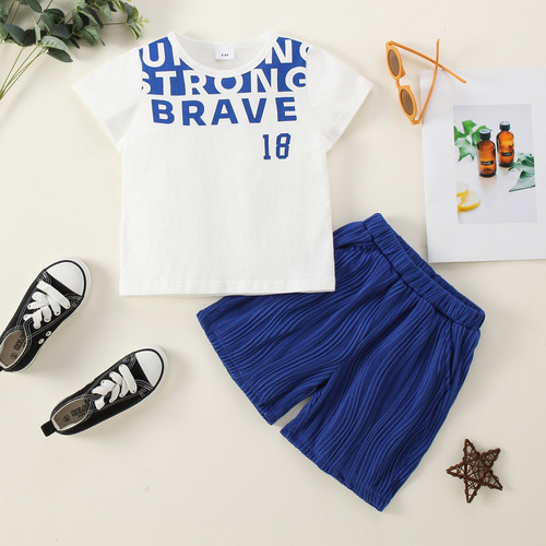 Conjunto Con Camiseta Blanca Y Pantalón Corto Azul Para Niño