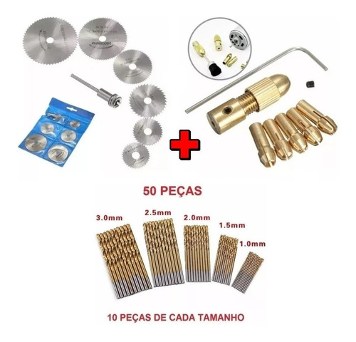 7 Pcs Serra Circular + Mini Mandril Acopl.+ 50 Broca Titânio