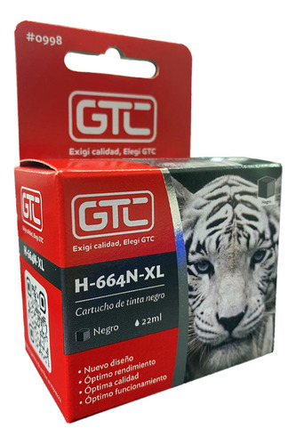 Cartucho De Impresora 664 Xl Black Gtc Compatible Hp 22ml