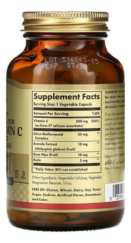Solgar, Ester-c Plus, Vitamina C, 500 Mg, 100 Cápsulas