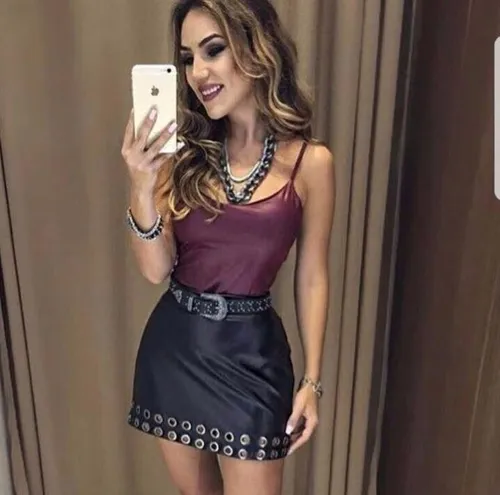 Saia Couro Fake Ecologico C Ilhos Cintura Alta bomber 2017