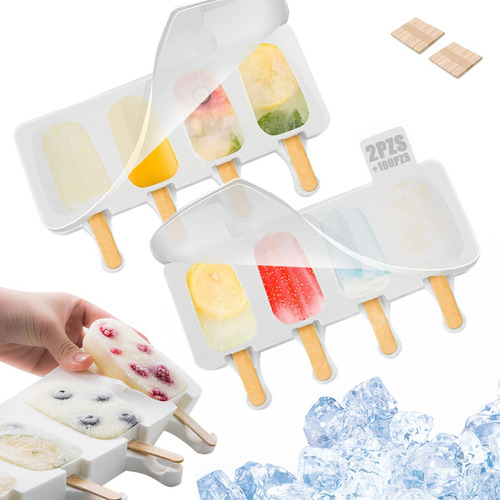 .2 Molde De Silicón Con Tapa 4 Paletas De Hielo Y 100 Palos.